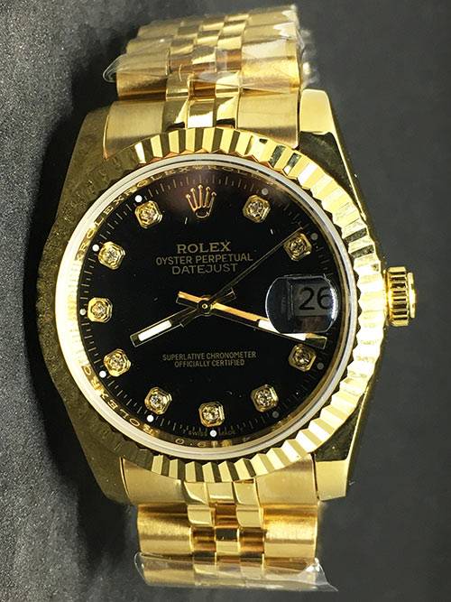 Replica Uhr Rolex Datejust 35 (36mm) (Jubilee band) Schwarzes Zifferblatt (Diamanten) Gold (Edelstahl 316L Automatikwerk